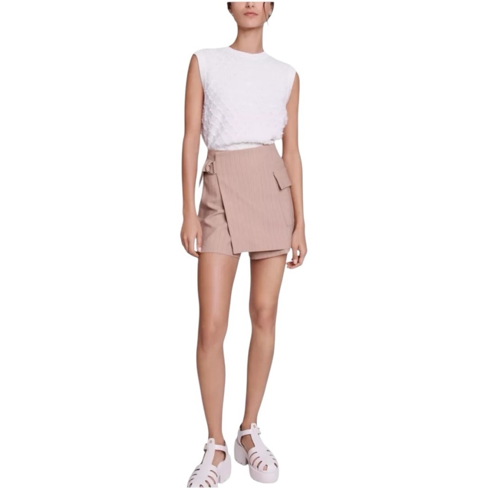 Maje high rise belted pin striped mini skort.